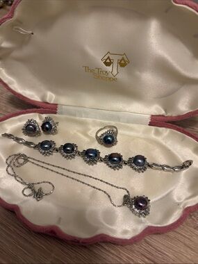 Vintage Black freshwater pearl bracelet, necklace, earrings, and ring